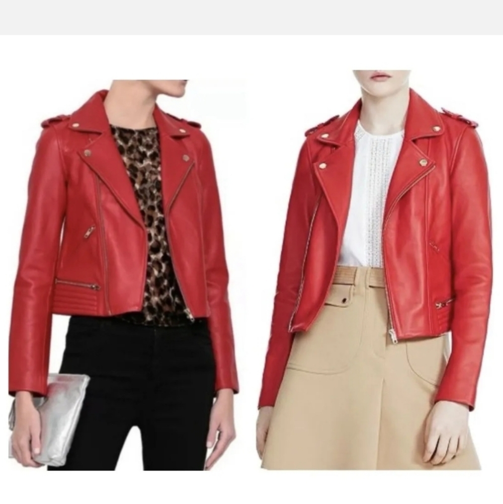 Maje Red Leather Motorcycle US size XS/S EURO 36 Women's Coat Jacket Gold Snap